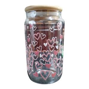 NEW Hearts Glass Cup with Bamboo Lid and Glass‎ Straw